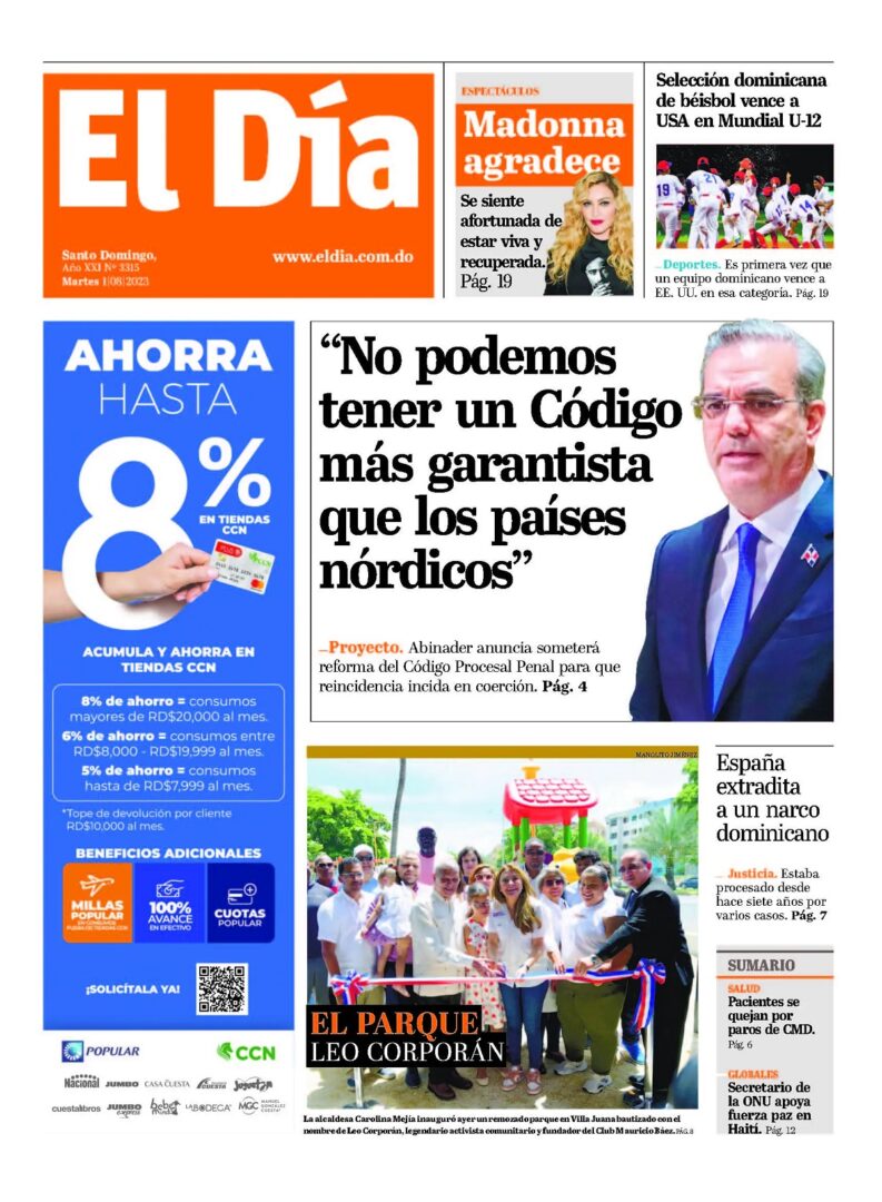 Portada Periódico El Día, Martes 01 Agosto, 2023