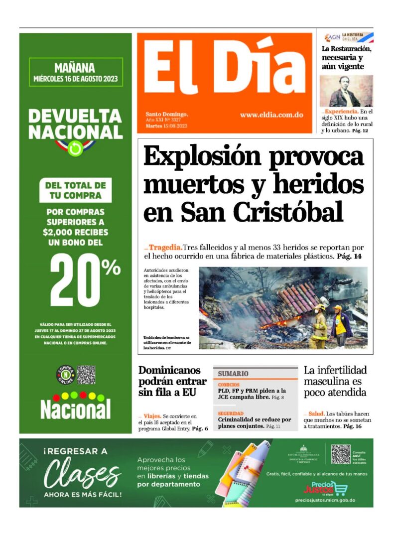 Portada Periódico El Día, Martes 15 Agosto, 2023