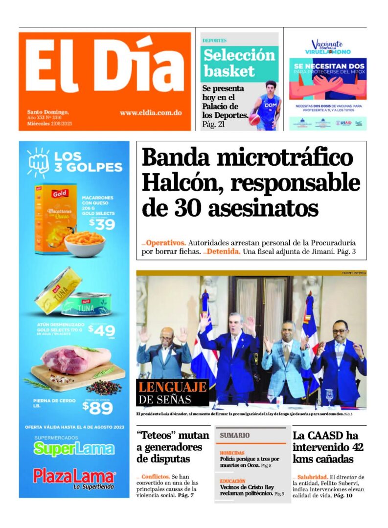 Portada Periódico El Día, Miércoles 02 Agosto, 2023