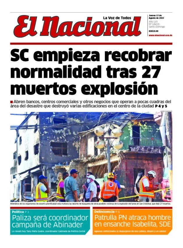 Portada Periódico El Nacional, Jueves 17 Agosto, 2023