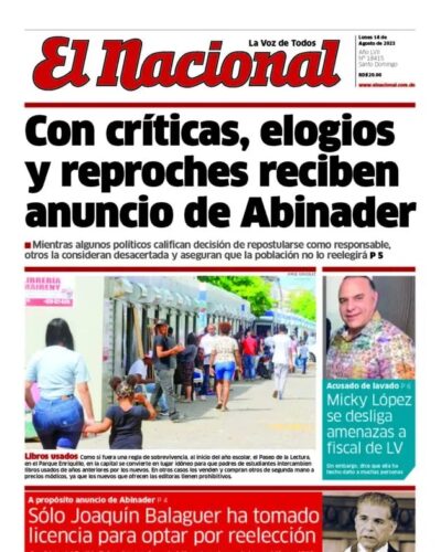 Portada Periódico El Nacional, Lunes 14 Agosto, 2023