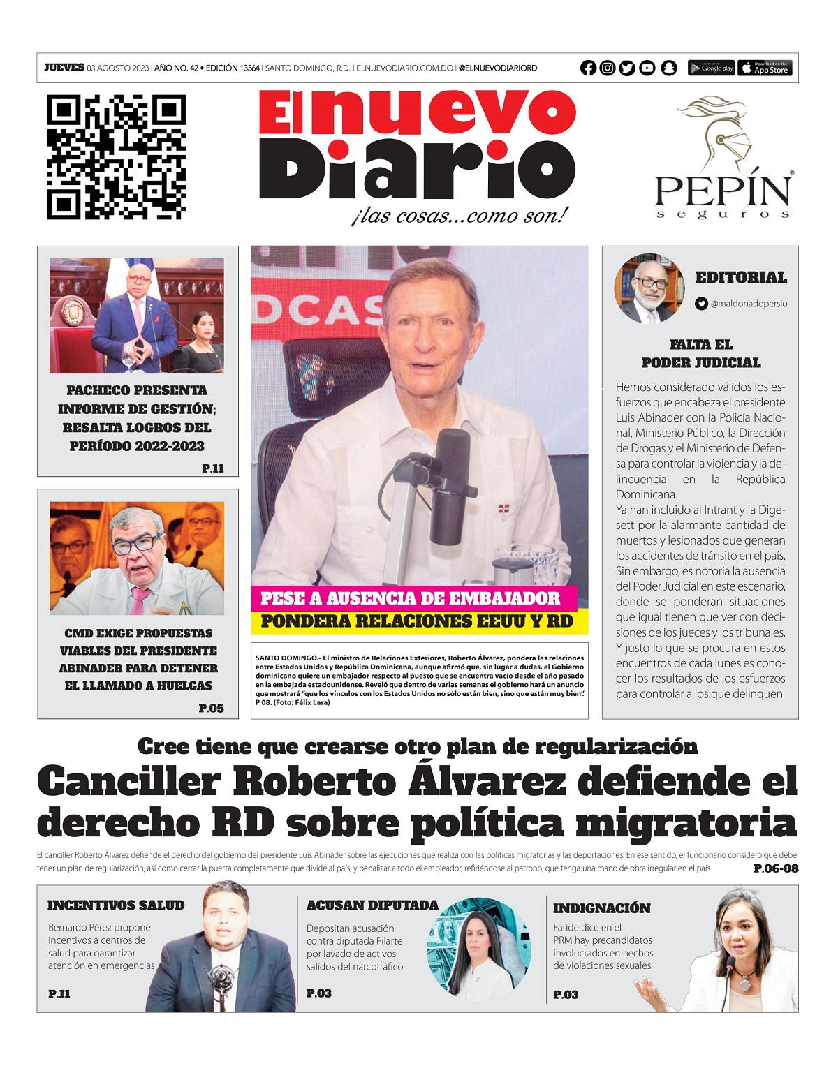 Portada Periódico El Nuevo Diario, Jueves 03 Agosto, 2023
