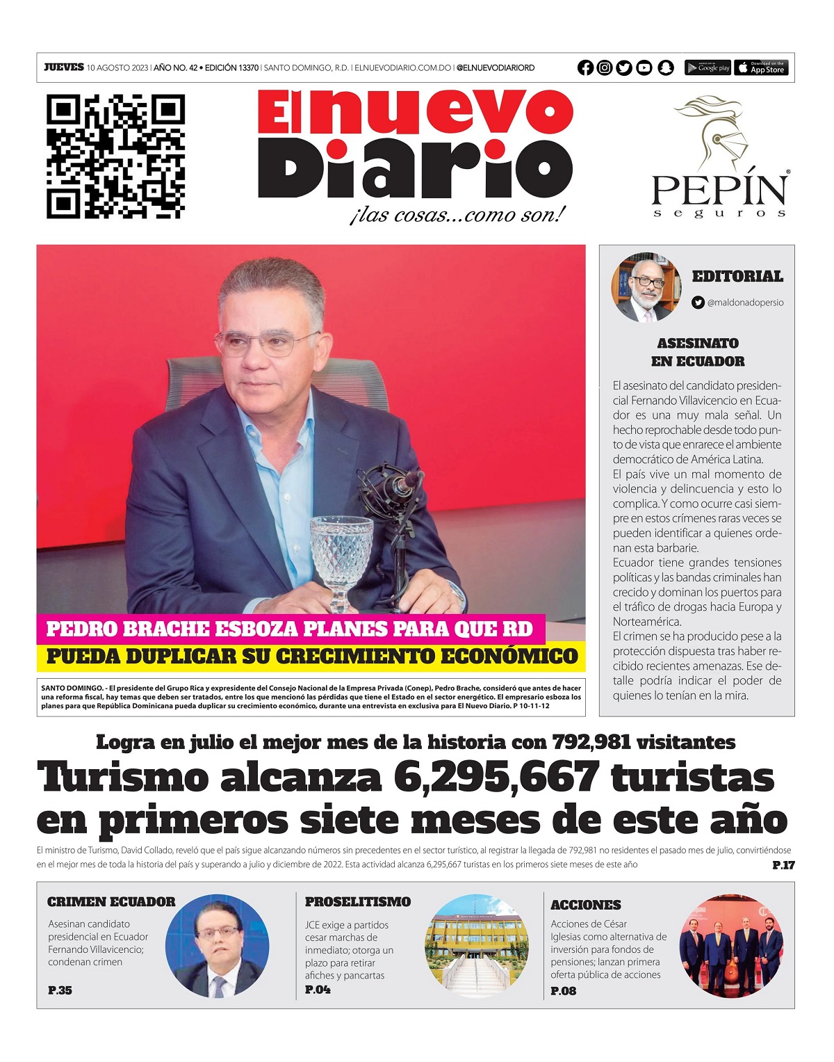 Portada Periódico El Nuevo Diario, Jueves 10 Agosto, 2023