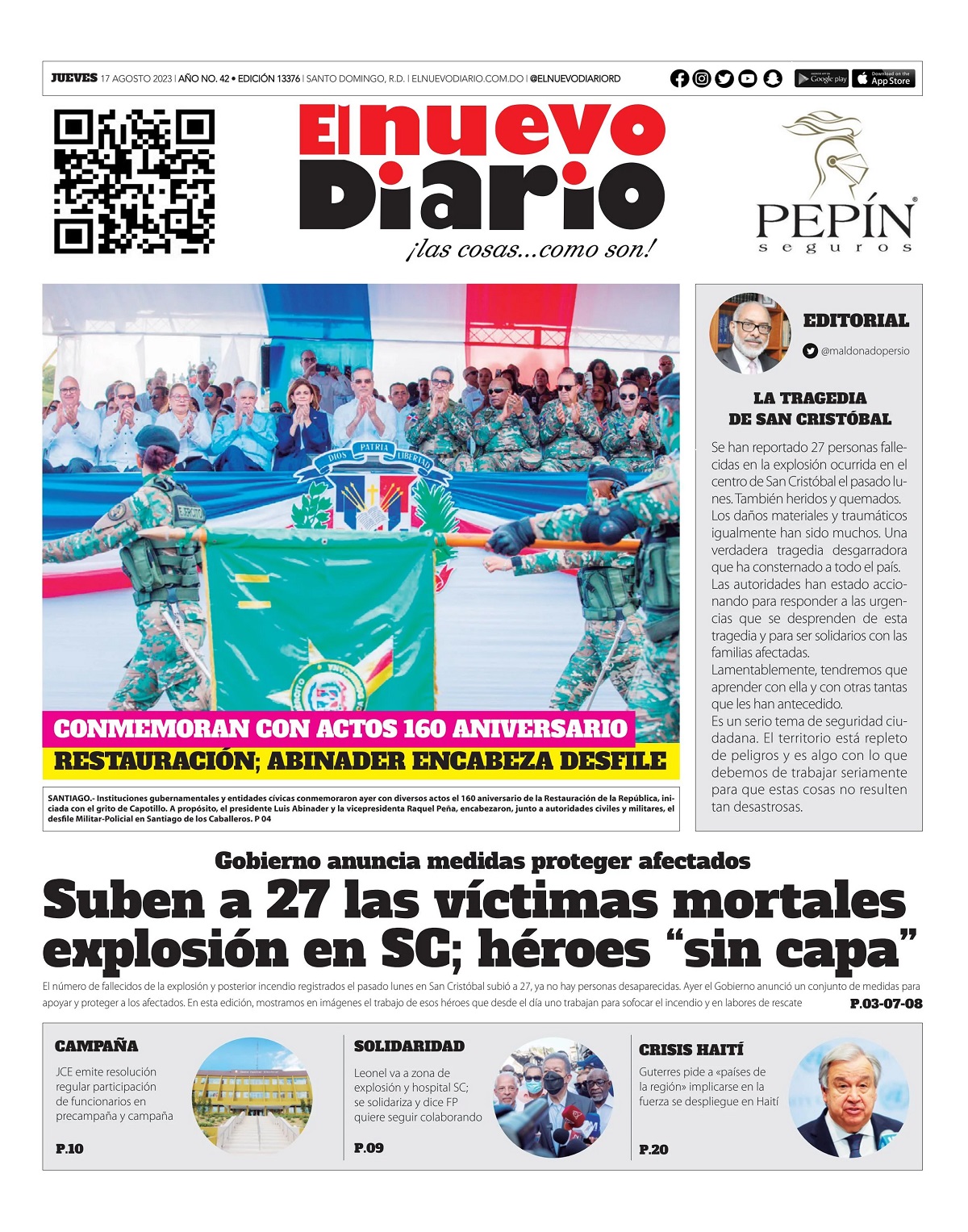 Portada Periódico El Nuevo Diario, Jueves 16 Agosto, 2023