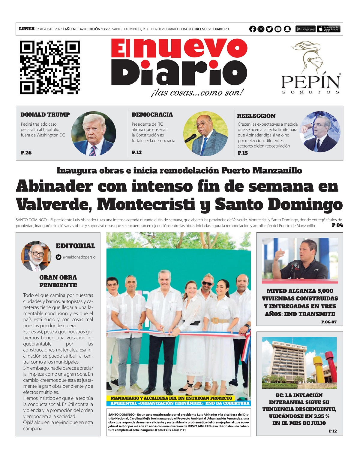 Portada Periódico El Nuevo Diario, Lunes 07 Agosto, 2023