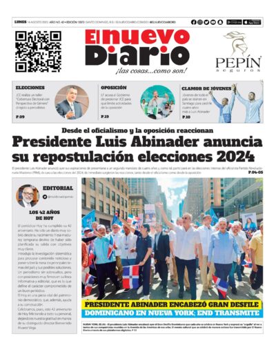Portada Periódico El Nuevo Diario, Lunes 14 Agosto, 2023