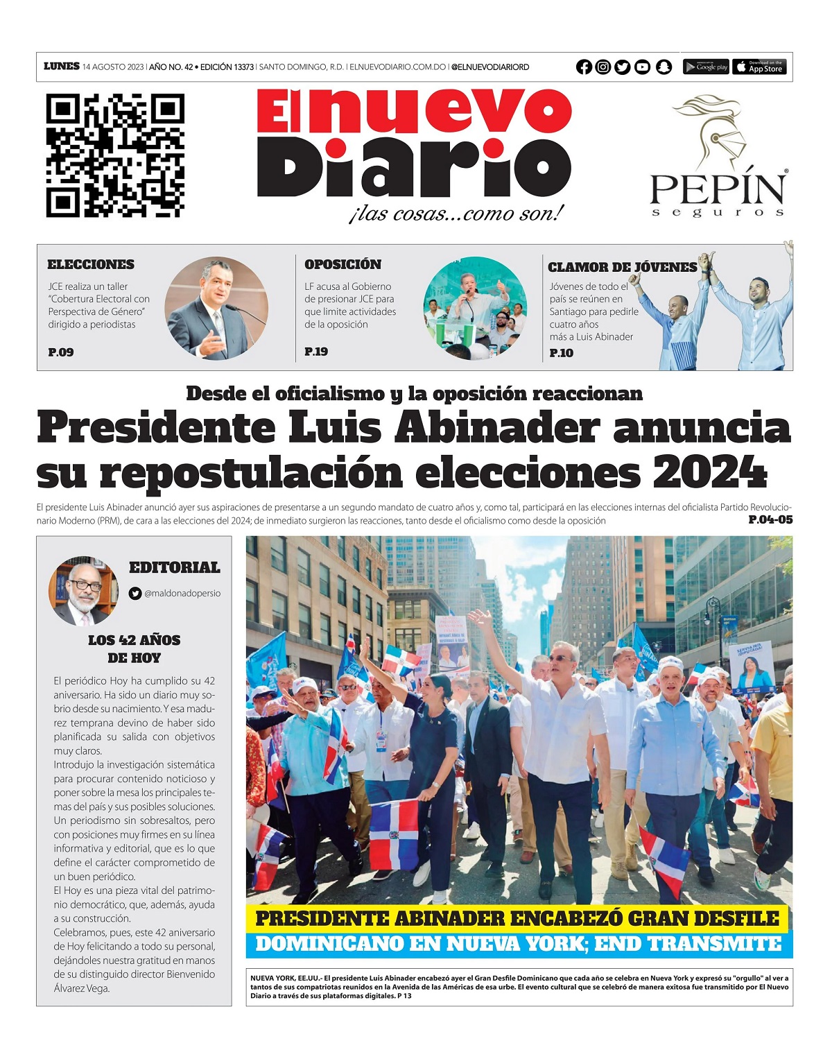 Portada Periódico El Nuevo Diario, Lunes 14 Agosto, 2023