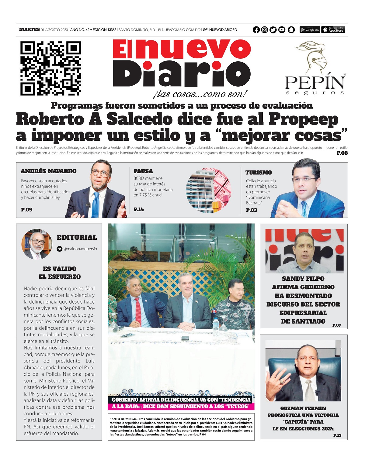 Portada Periódico El Nuevo Diario, Martes 01 Agosto, 2023