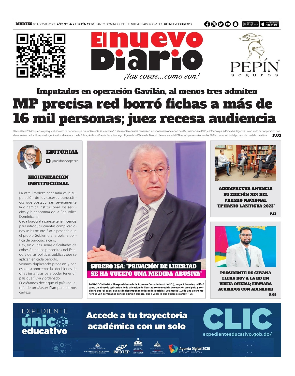 Portada Periódico El Nuevo Diario, Martes 08 Agosto, 2023