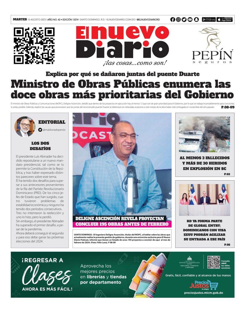 Portada Periódico El Nuevo Diario, Martes 15 Agosto, 2023