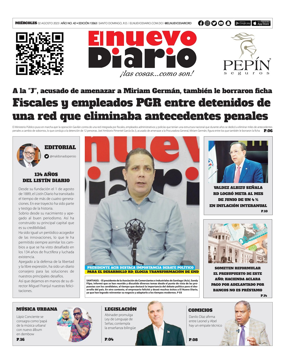 Portada Periódico El Nuevo Diario, Miércoles 02 Agosto, 2023