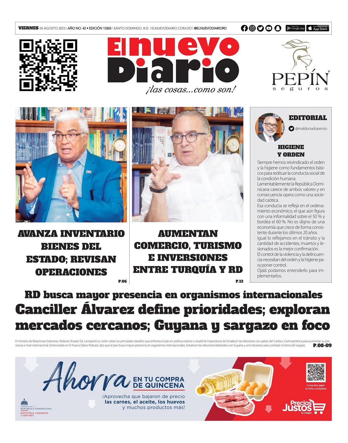Portada Periódico El Nuevo Diario, Viernes 04 Agosto, 2023