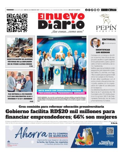 Portada Periódico El Nuevo Diario, Viernes 18 Agosto, 2023