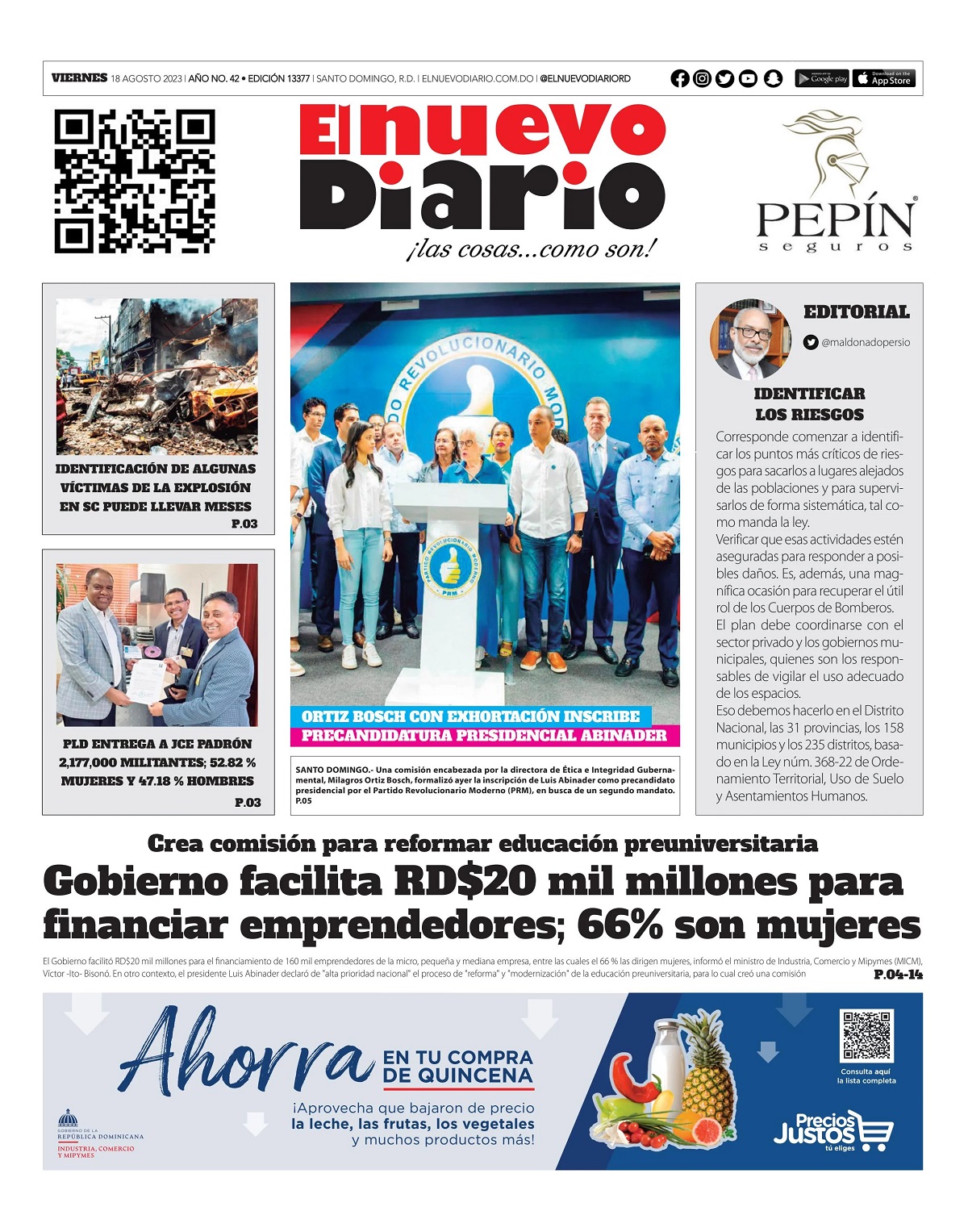 Portada Periódico El Nuevo Diario, Viernes 18 Agosto, 2023
