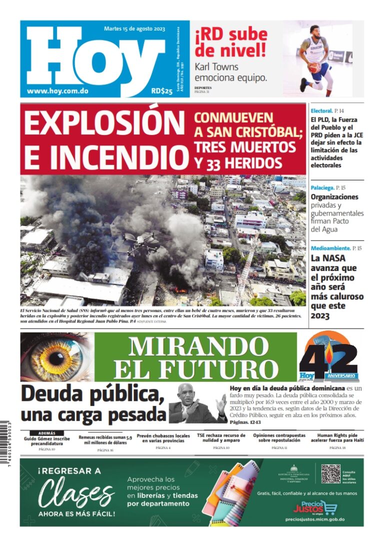 Portada Periódico Hoy, Martes 15 Agosto, 2023