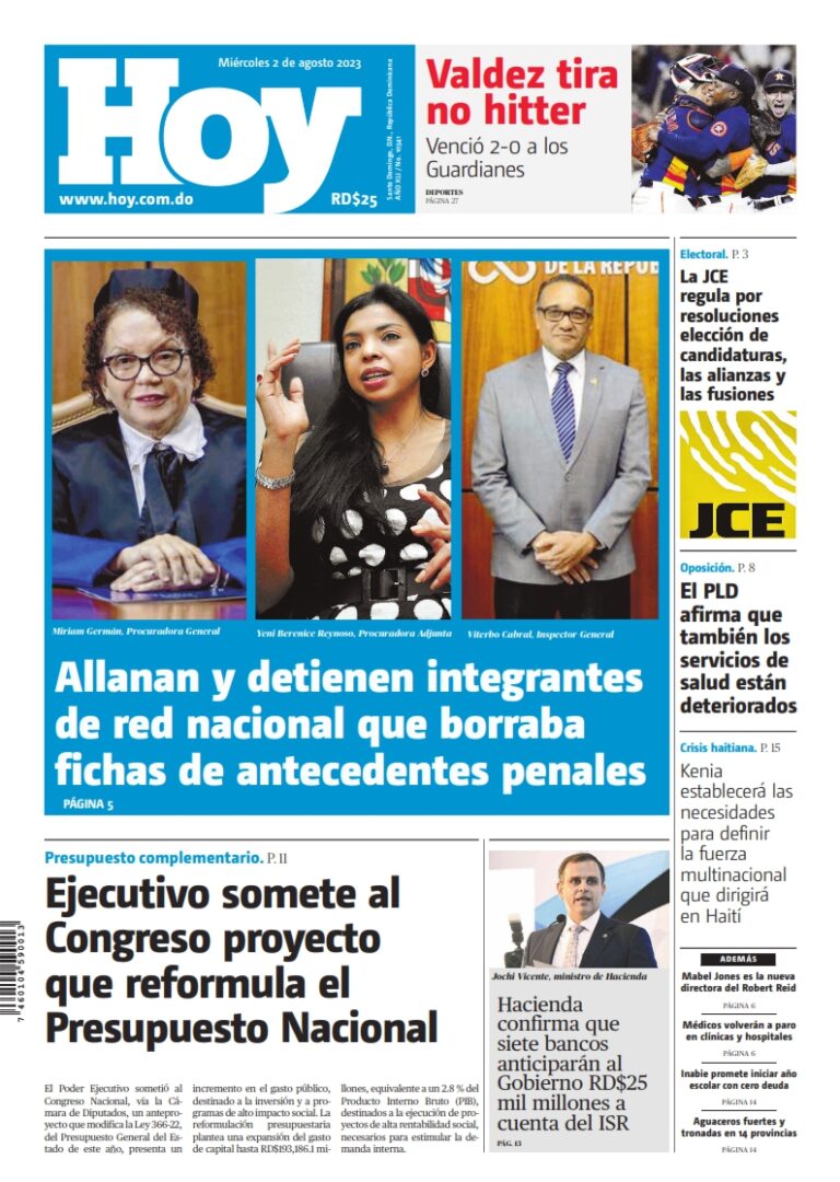 Portada Periódico Hoy, Miércoles 02 Agosto, 2023