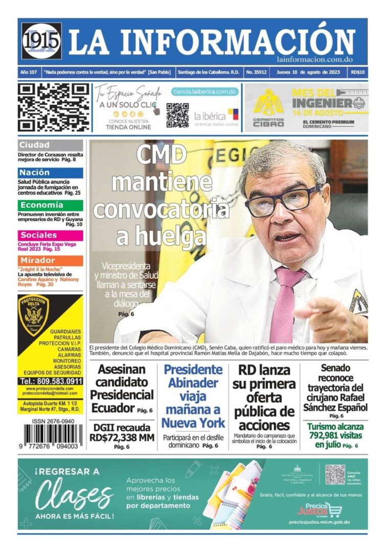 Portada Periódico La Información, Jueves 10 Agosto, 2023