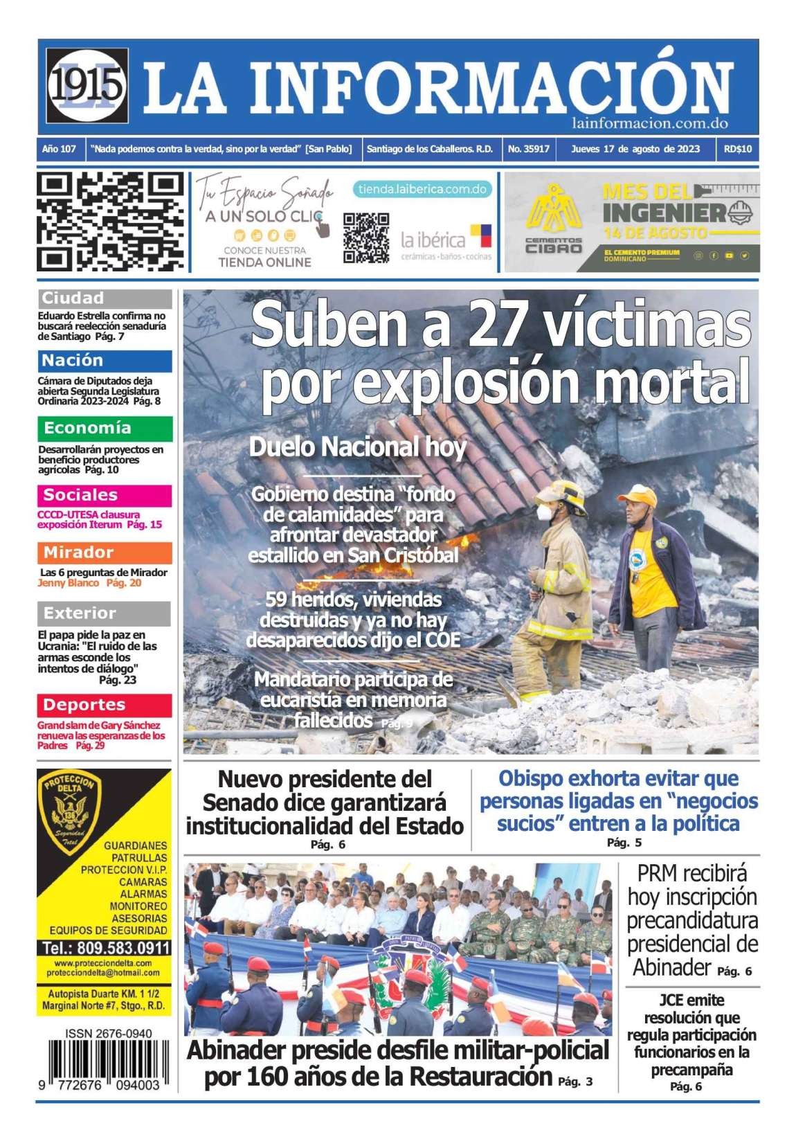 Portada Periódico La Información, Jueves 16 Agosto, 2023
