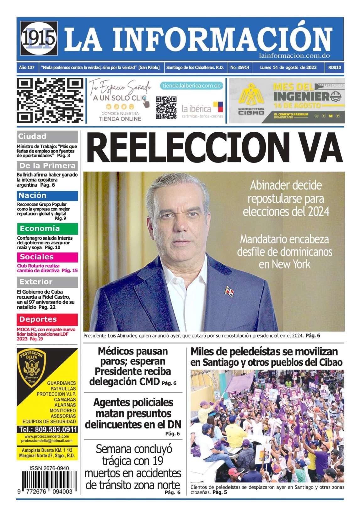 Portada Periódico La Información, Lunes 14 Agosto, 2023