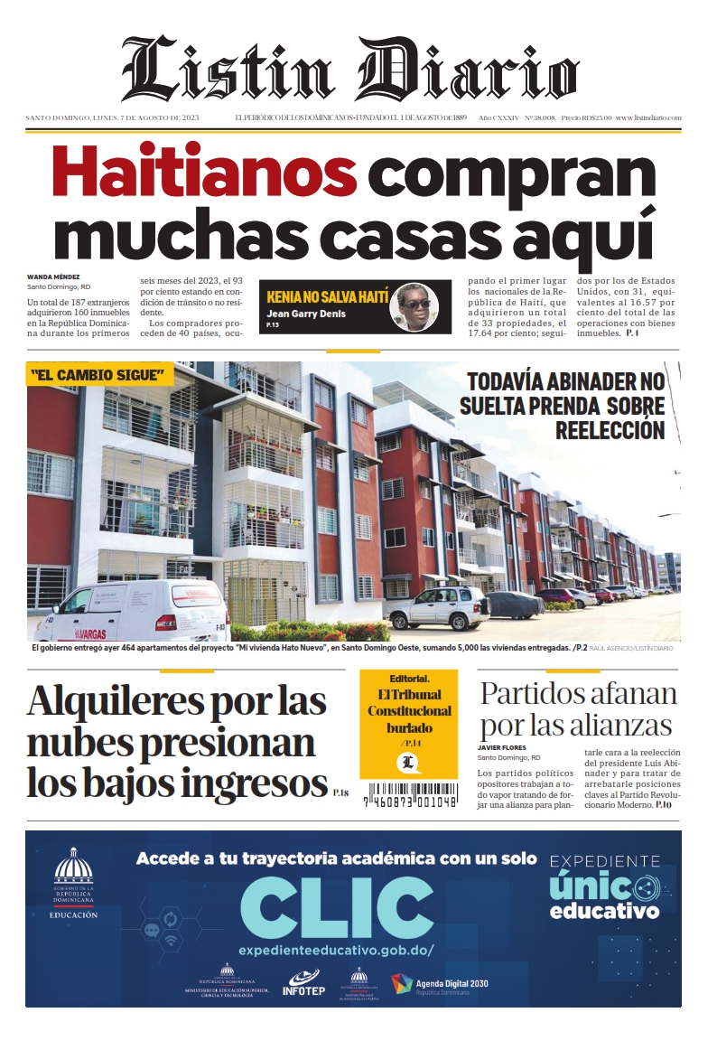 Portada Periódico Listín Diario, Lunes 07 Agosto, 2023