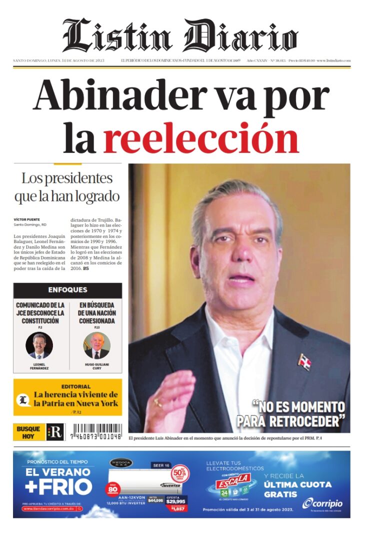 Portada Periódico Listín Diario, Lunes 14 Agosto, 2023