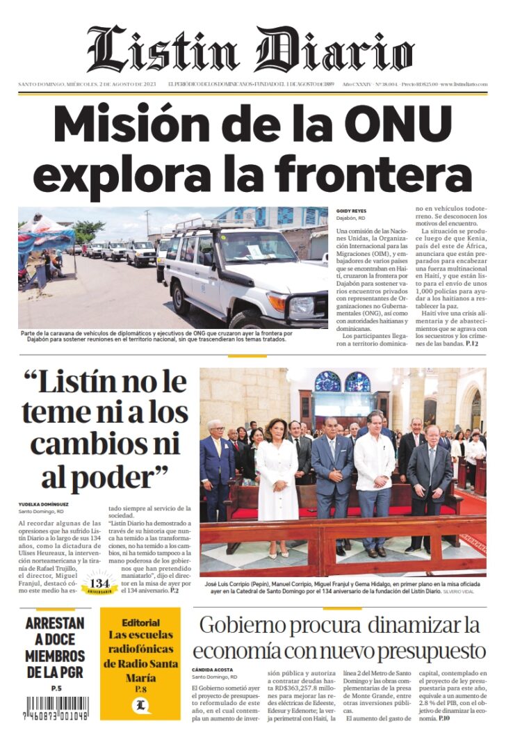 Portada Periódico Listín Diario, Miércoles 02 Agosto, 2023