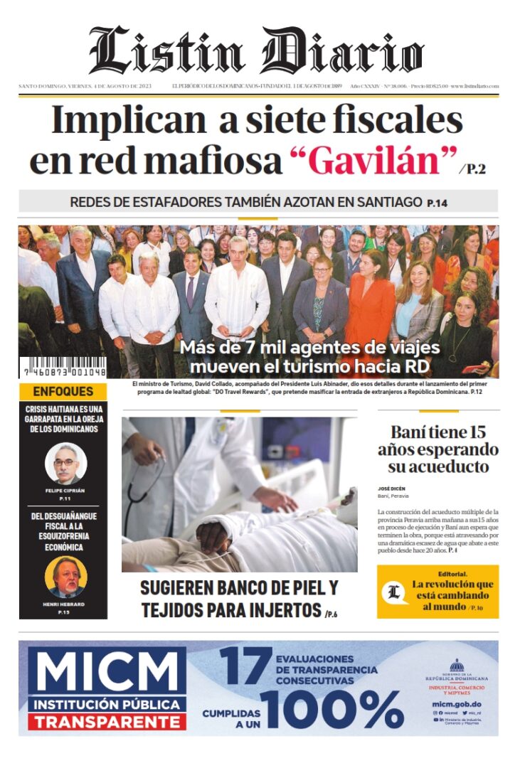 Portada Periódico Listín Diario, Viernes 04 Agosto, 2023