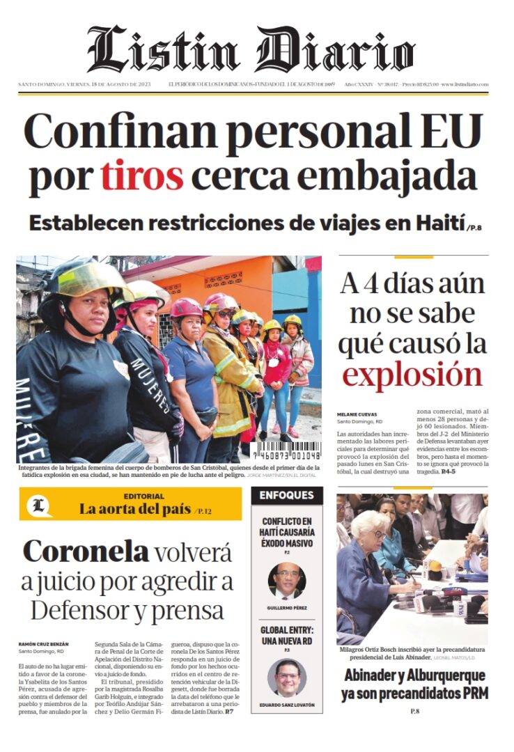Portada Periódico Listín Diario, Viernes 18 Agosto, 2023