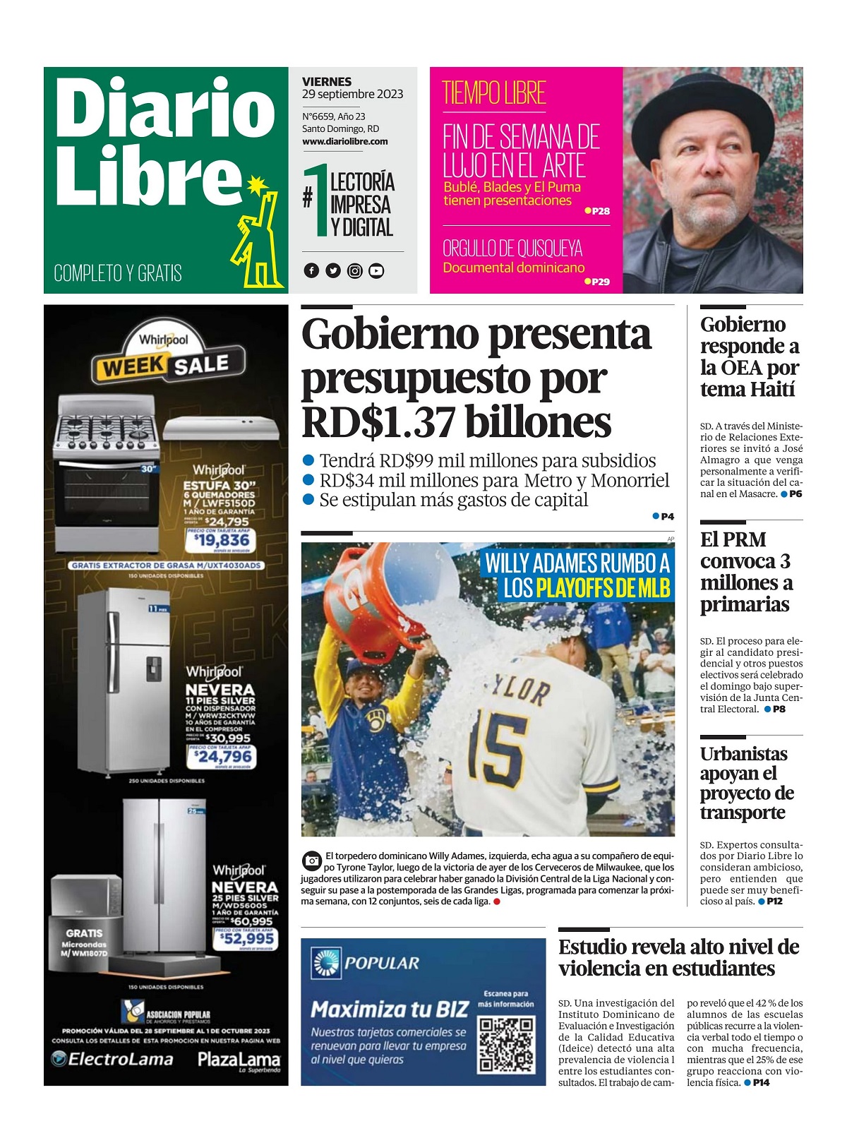 Portada Periódico Diario Libre, Jueves 29 Septiembre, 2023