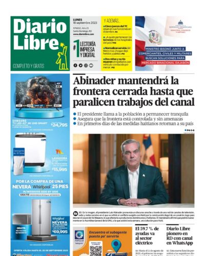 Portada Periódico Diario Libre, Lunes 18 Septiembre, 2023