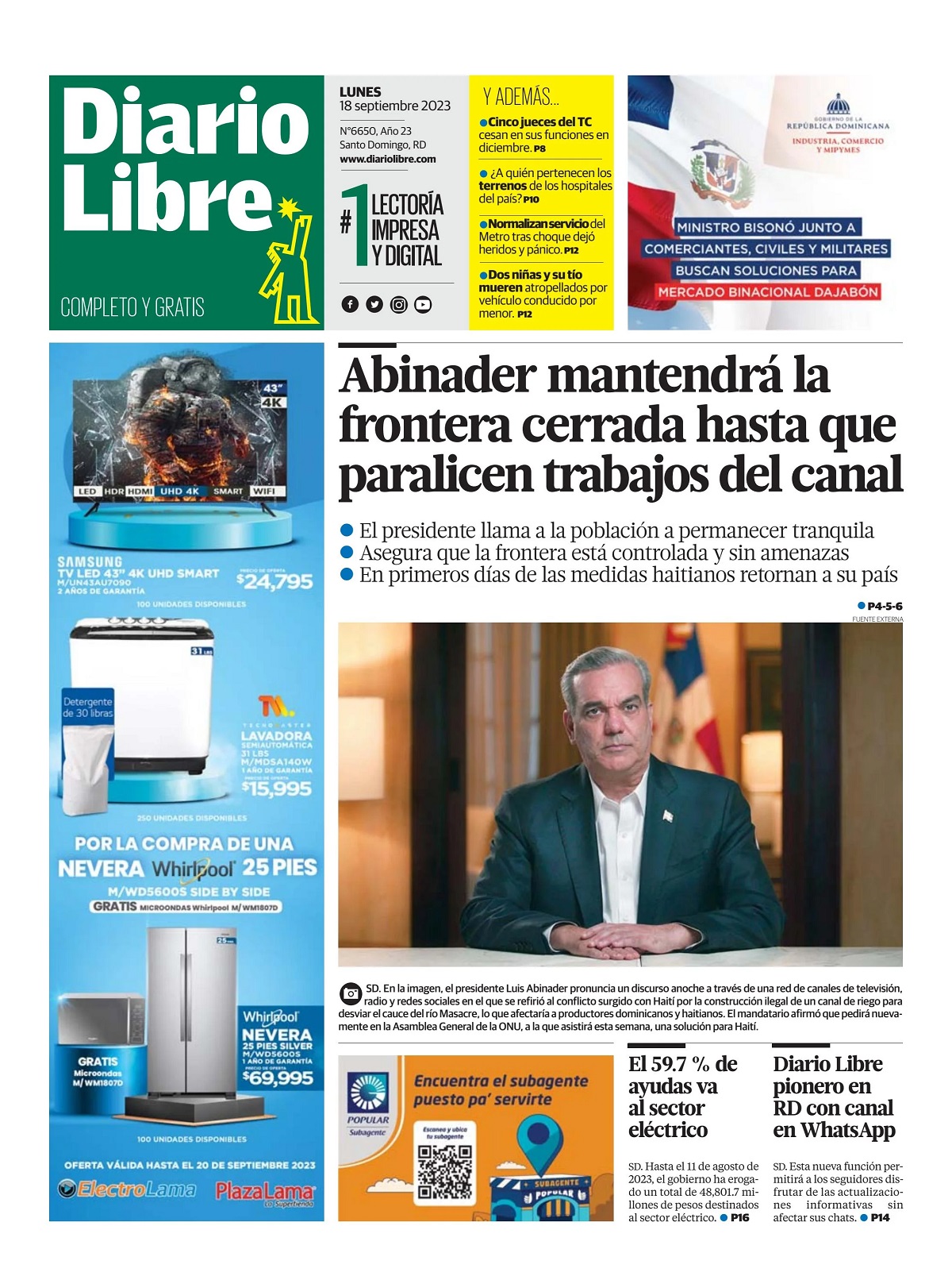 Portada Periódico Diario Libre, Lunes 18 Septiembre, 2023