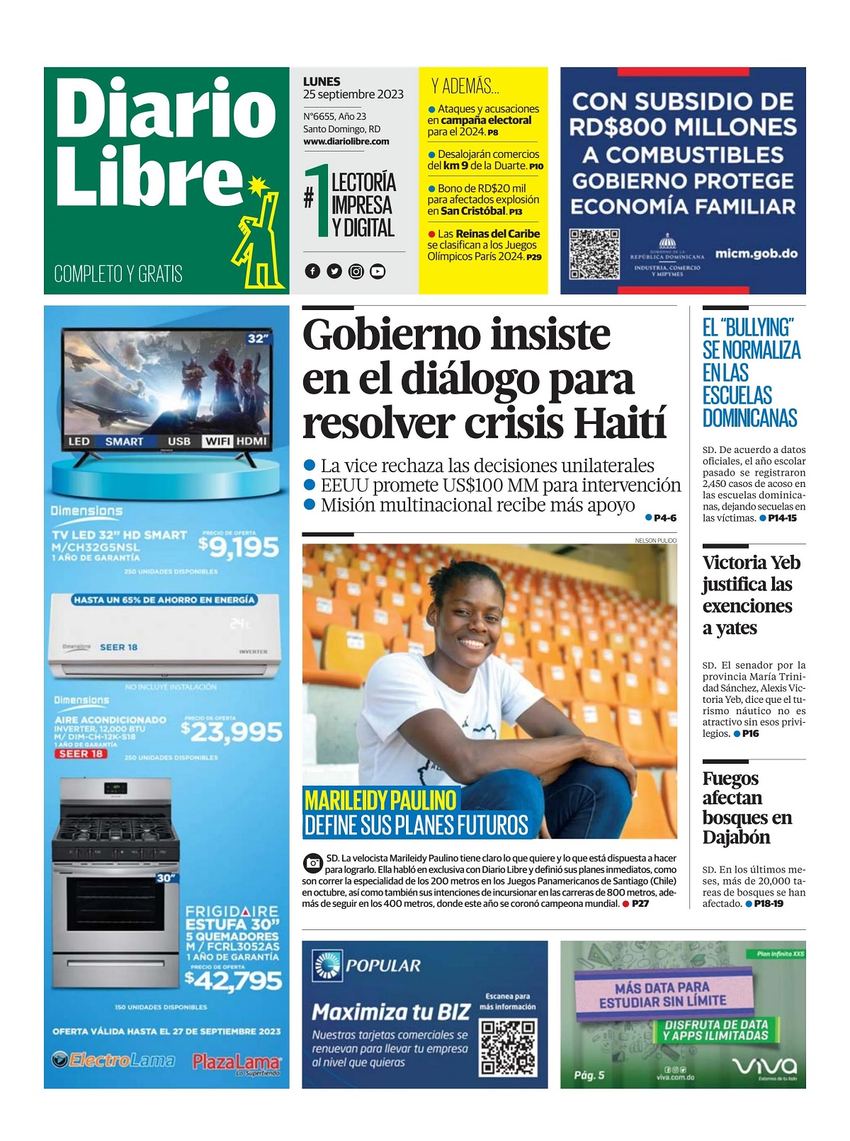 Portada Periódico Diario Libre, Lunes 25 Septiembre, 2023