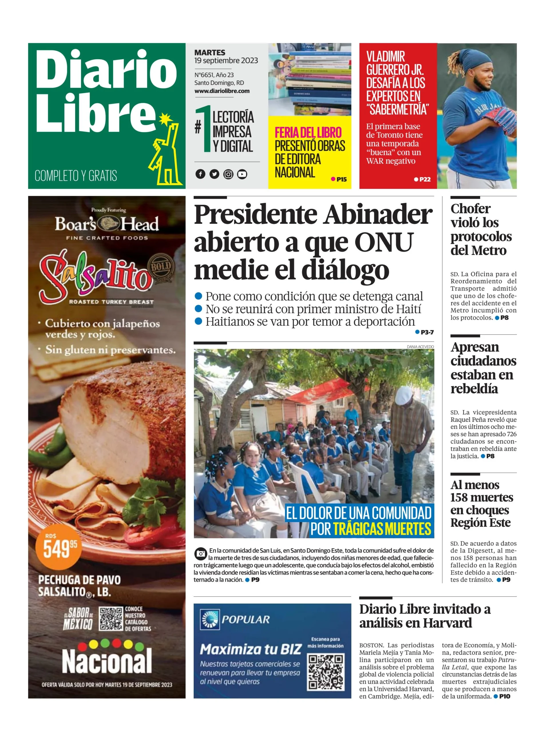 Portada Periódico Diario Libre, Martes 19 Septiembre, 2023