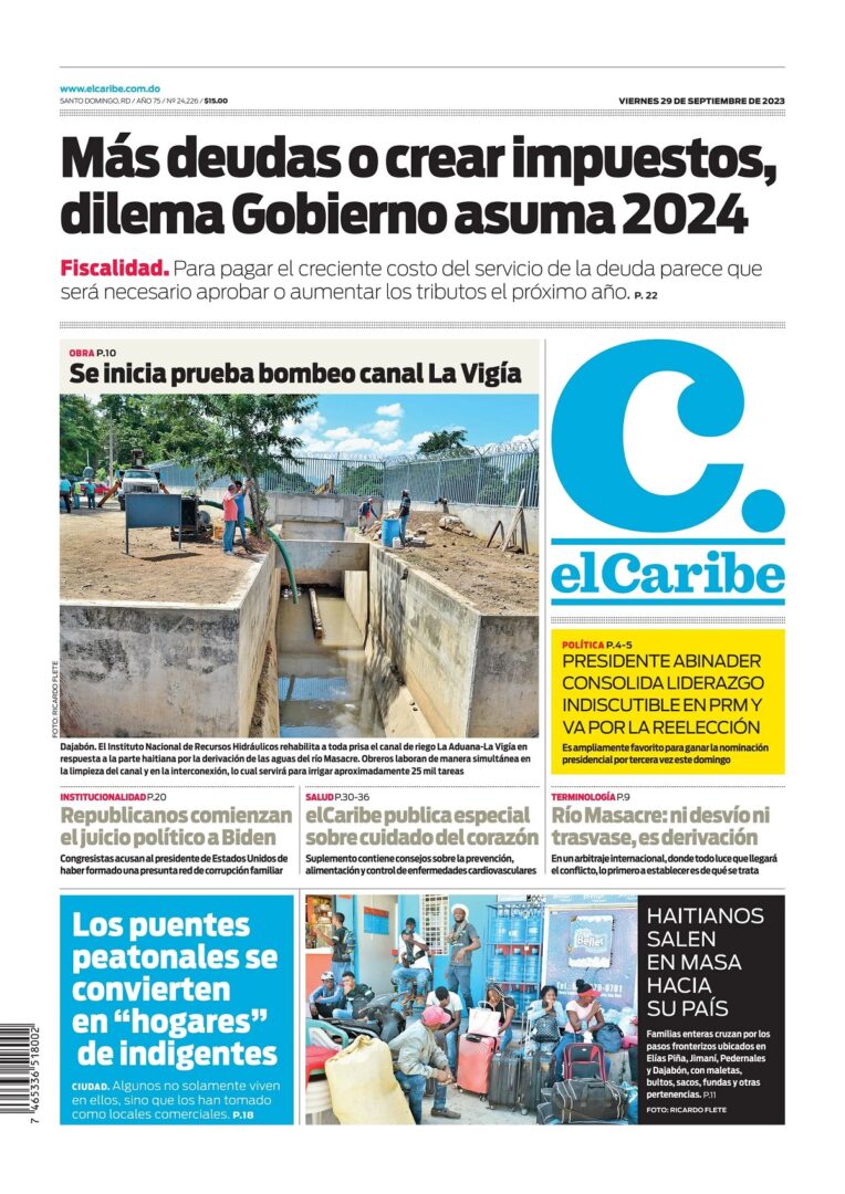 Portada Periódico El Caribe, Jueves 29 Septiembre, 2023