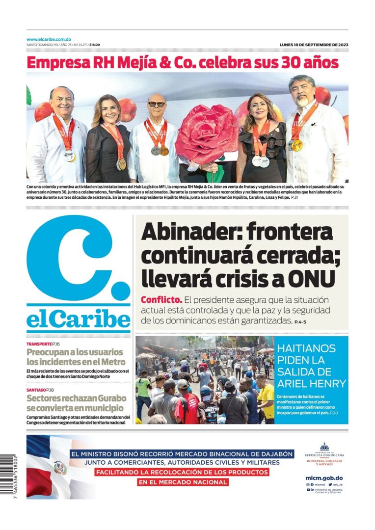 Portada Periódico El Caribe, Lunes 18 Septiembre, 2023