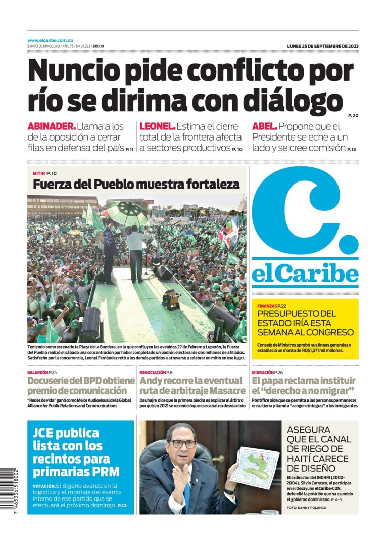 Portada Periódico El Caribe, Lunes 25 Septiembre, 2023