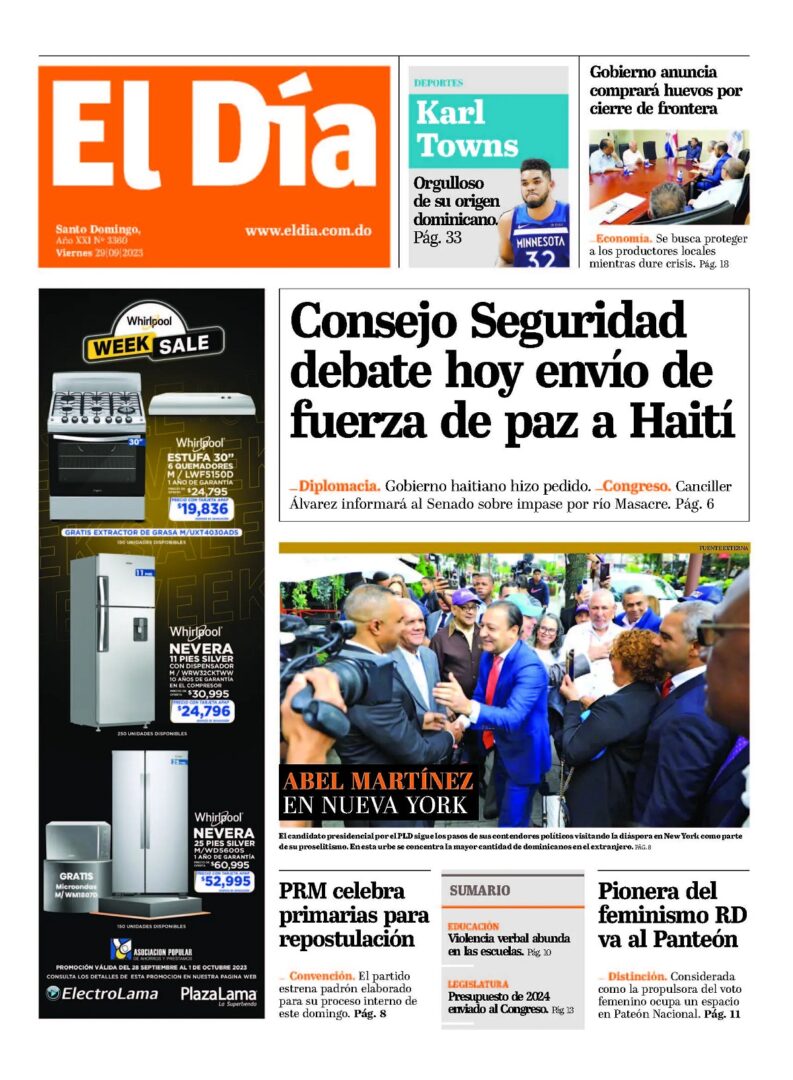 Portada Periódico El Día, Jueves 29 Septiembre, 2023