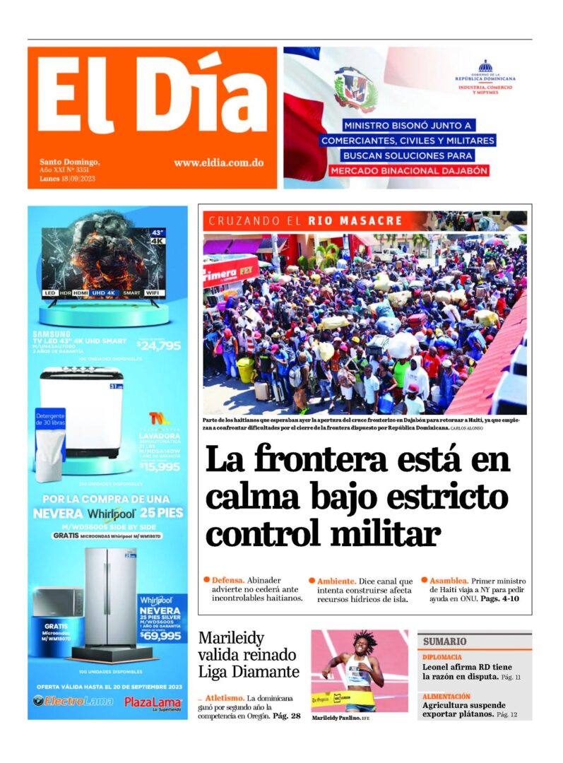 Portada Periódico El Día, Lunes 18 Septiembre, 2023