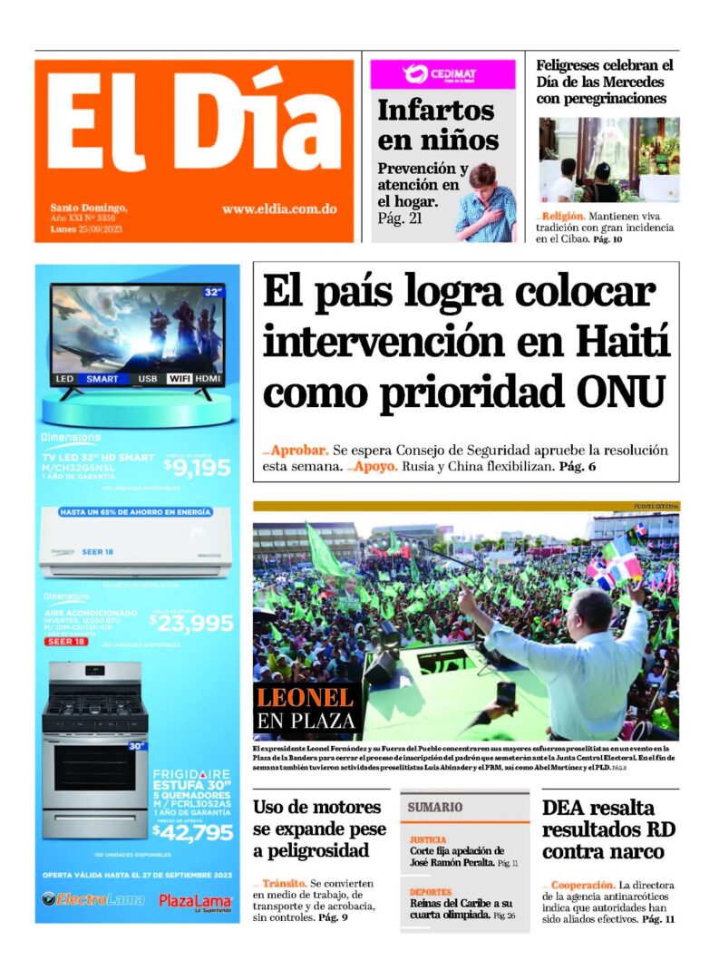 Portada Periódico El Día, Lunes 25 Septiembre, 2023