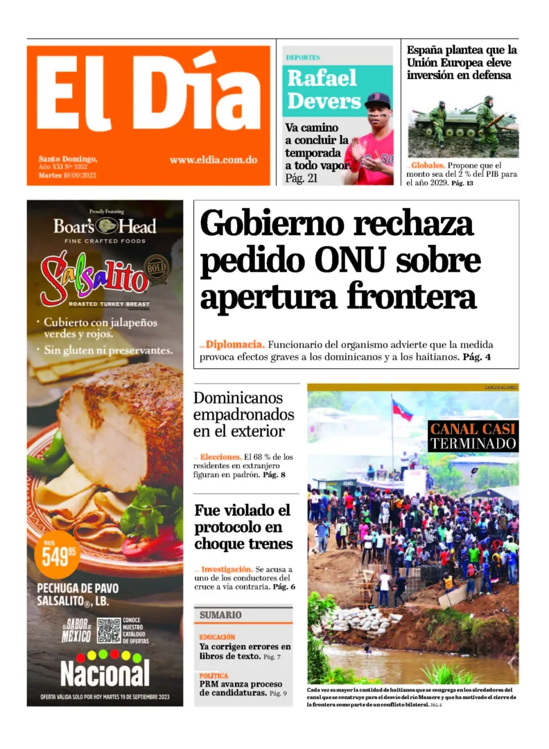 Portada Periódico El Día, Martes 19 Septiembre, 2023