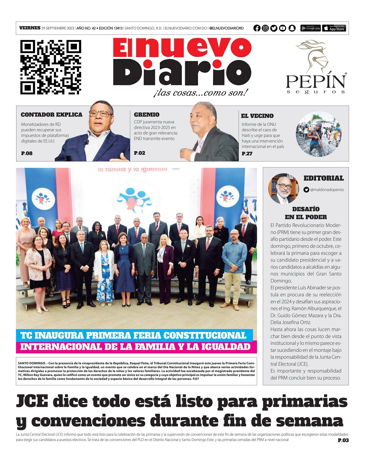 Portada Periódico El Nuevo Diario, Jueves 29 Septiembre, 2023