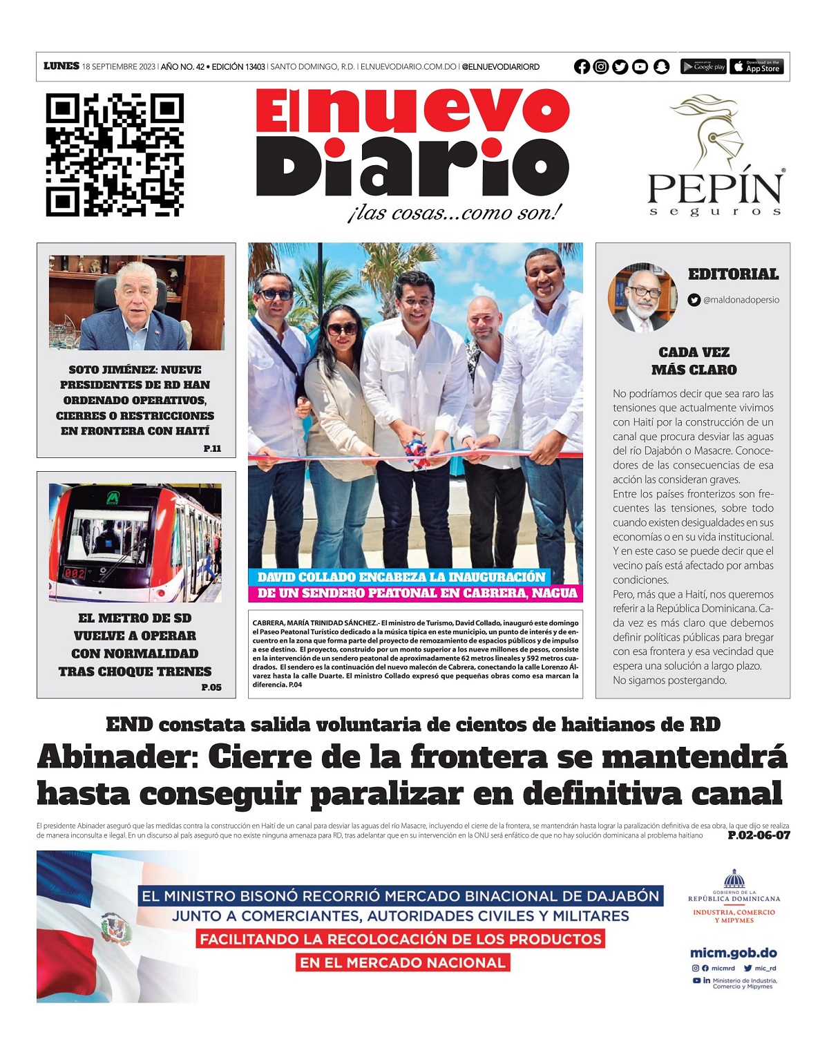 Portada Periódico El Nuevo Diario, Lunes 18 Septiembre, 2023