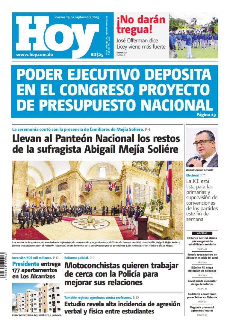 Portada Periódico Hoy, Jueves 29 Septiembre, 2023