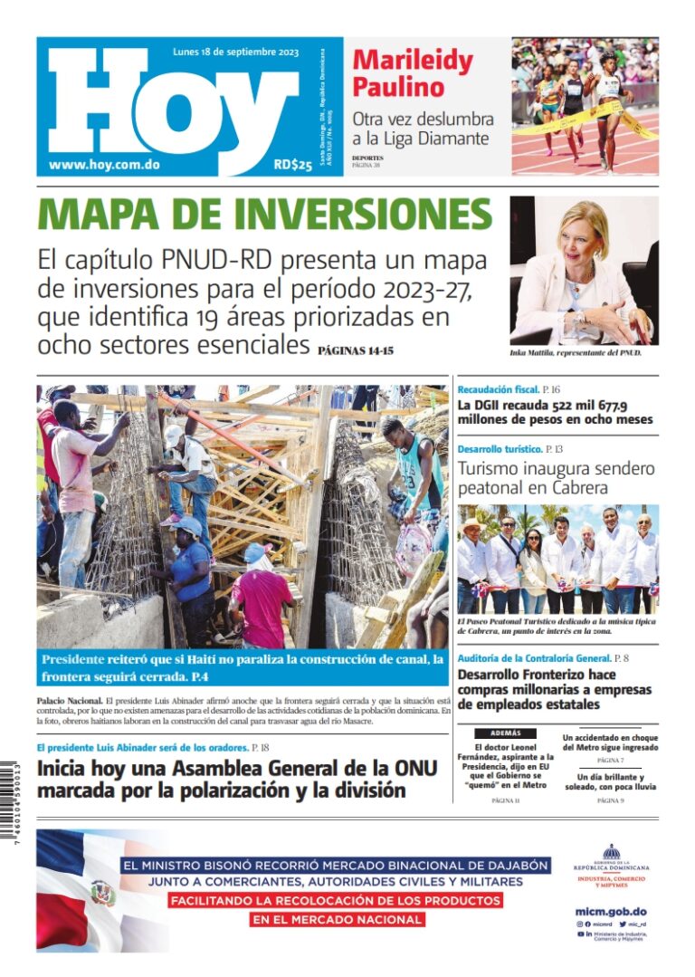 Portada Periódico Hoy, Lunes 18 Septiembre, 2023 - Dominicana.do