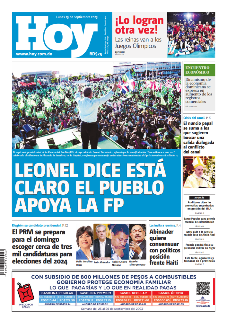 Portada Periódico Hoy, Lunes 25 Septiembre, 2023
