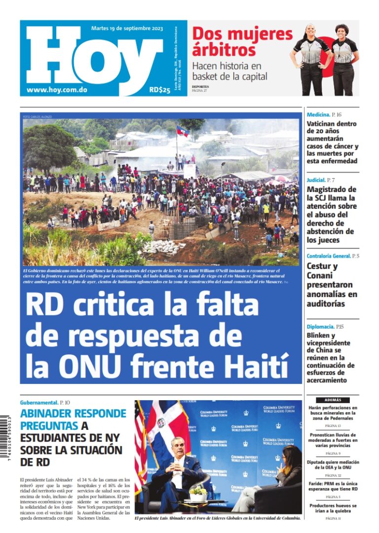 Portada Periódico Hoy, Martes 19 Septiembre, 2023