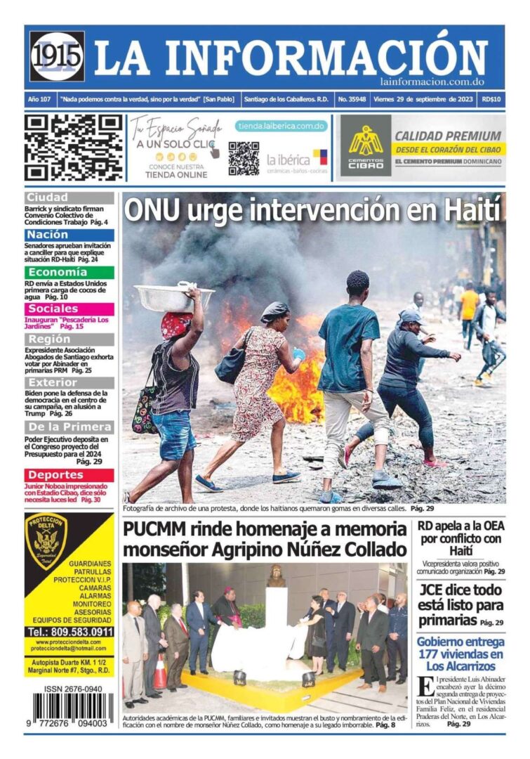 Portada Periódico La Información, Jueves 29 Septiembre, 2023