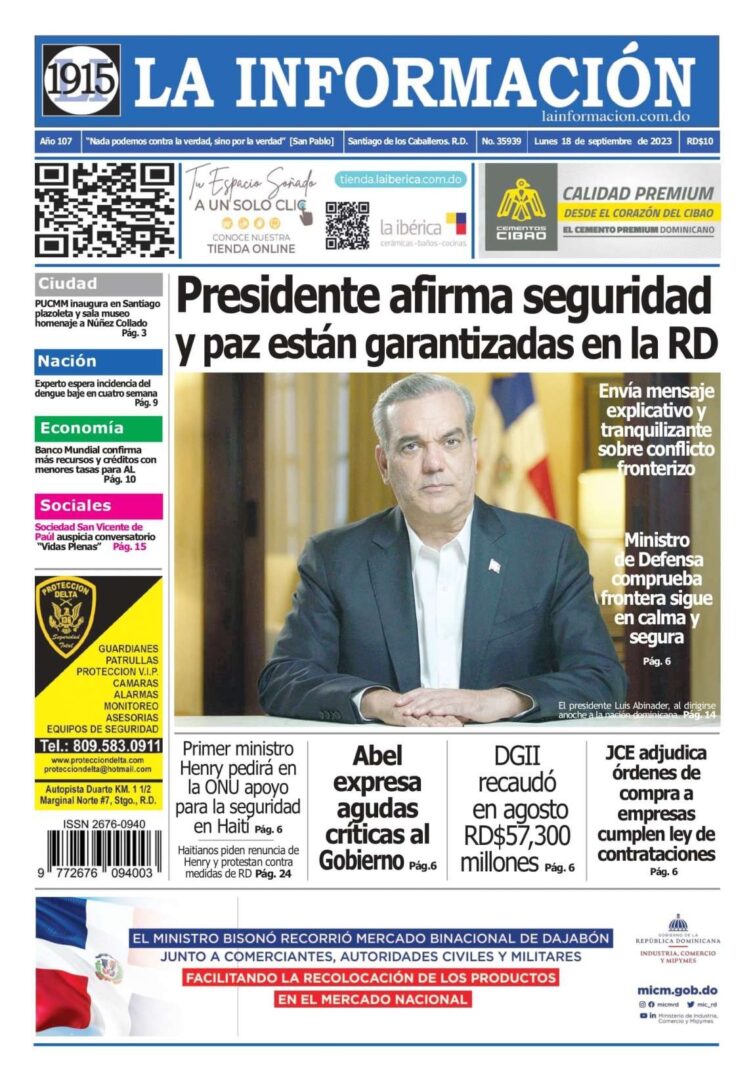 Portada Periódico La Información, Lunes 18 Septiembre, 2023
