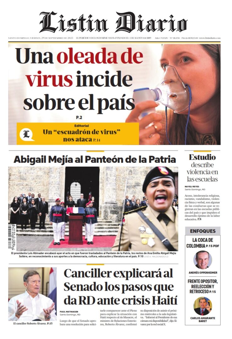 Portada Periódico Listín Diario, Jueves 29 Septiembre, 2023