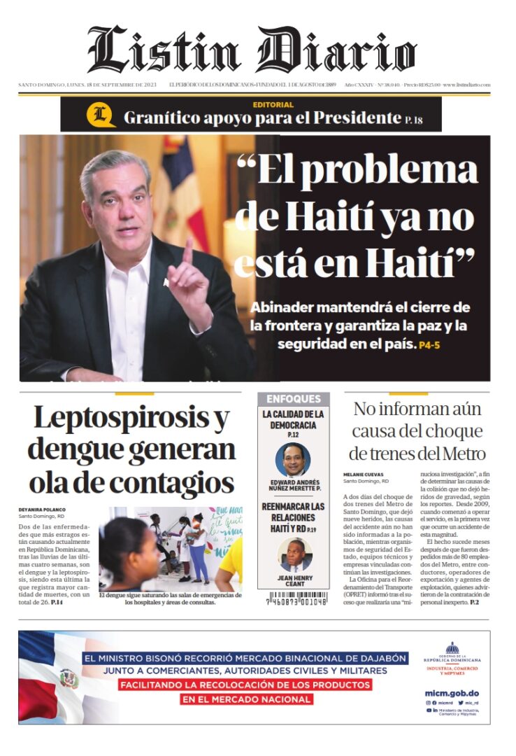 Portada Periódico Listín Diario, Lunes 18 Septiembre, 2023